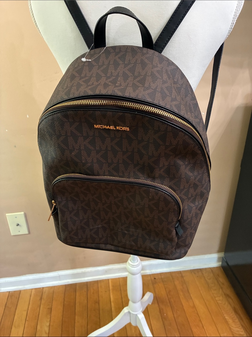 Michael Kors Brown MK Logo Canvas Backpack with Gold Hardware